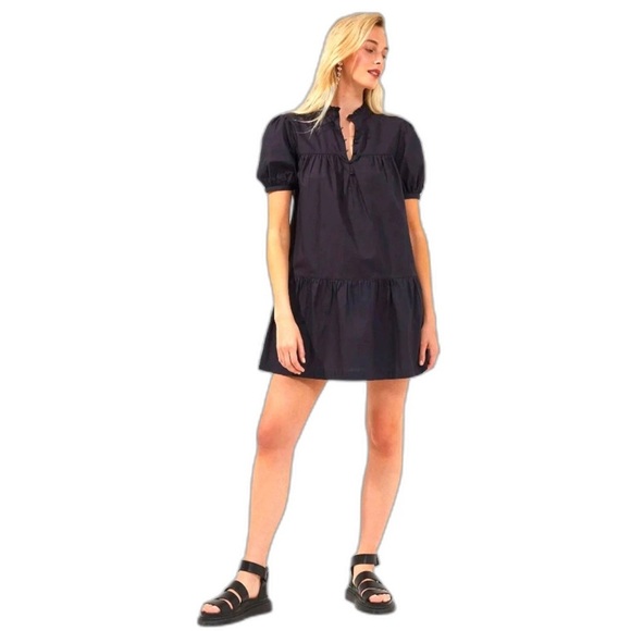 French Connection Poplin Mini Dress Organic Cotton Puff Short Sleeve Black Small - Picture 2 of 14